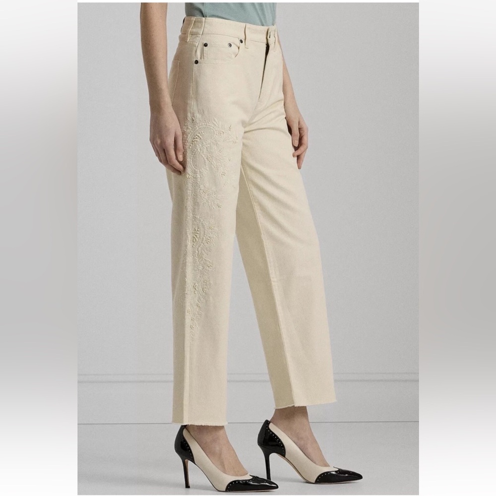 NWOT LAUREN RALPH LAUREN Women's Cropped Wide Leg  Embroidered Jeans Bone Sz 12